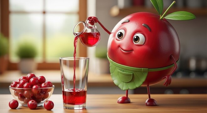 Cute Cranberry Character Pouring Juice. Ai generation