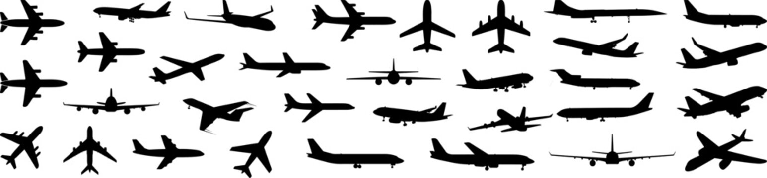 Black airplane silhouettes against a white backdrop.  front view, side view, and top view.  a vector illustration.