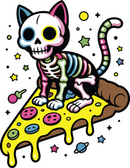 Cat sitting on a slice of pizza with colorful stars