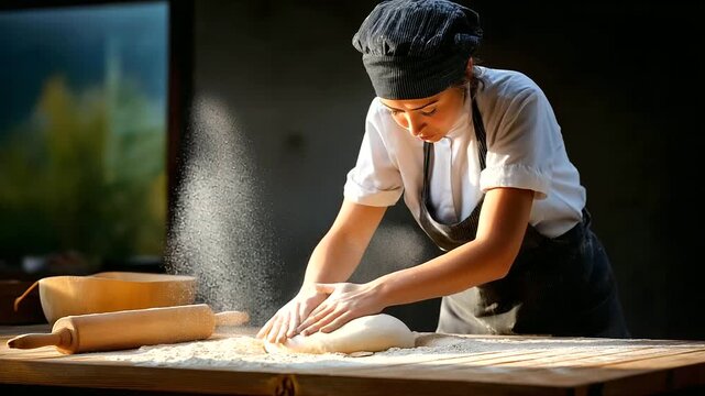A baker dusting flour over dough, cinematic lighting, tangible textures, love in craft, authenticity.