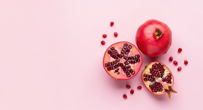 Fresh Pomegranate on Pink Background. Ai generation