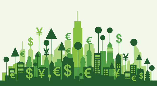 Financial district skyline with currency symbols representing global economy.