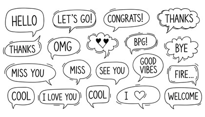 Hand Drawn Speech Bubbles with Phrases doodle text Vector