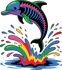 Fototapeta premium Colorful Dolphin Leaping Through Rainbow Splash jumping
