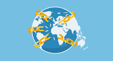 Fototapeta premium Global interconnectedness concept - World globe encircled by golden chains, symbolizing unity and global connections.