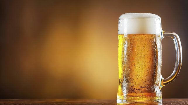 Refreshing beer in glass mug with frothy head, showcasing golden color and condensation. Perfect for relaxation - Powered by Adobe
