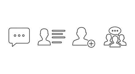 Four icons depicting communication, profile, adding a user, and a group chat, all in a simple line art style.