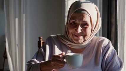 Woman senior hijab holding cup. Tea and smile visible. Portrait shows chair by window with sunlight. Elderly comfort and warmth. Calm gentle expression and relaxed posture. Home lifestyle comfort. - Powered by Adobe