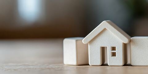 Miniature house model resting on a wooden surface, portraying the concept of homeownership, real estate, or building a place of residence and personal investment.