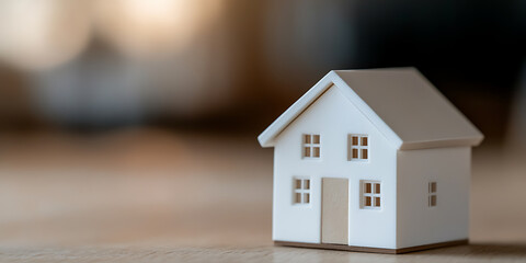 A miniature white house with four windows and a simple door sits on a wooden surface, symbolizing home ownership, investment, and the dream of having a place to call your own.