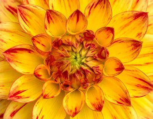 Close-up view of a vibrant yellow dahlia flower with red stripes on its petals
