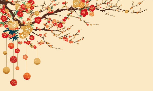 Fiori di ciliegio in fiore con decorazioni festive appese, simbolo di primavera e celebrazione. - Powered by Adobe