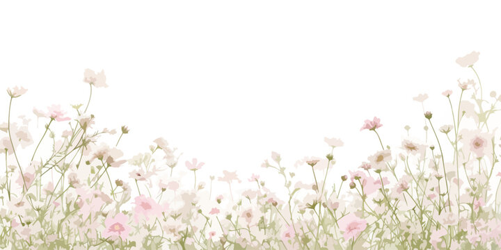 Un delicato prato di fiori primaverili rosa e bianchi con uno sfondo bianco luminoso