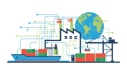 Global trade and logistics illustration depicting international shipping and manufacturing.