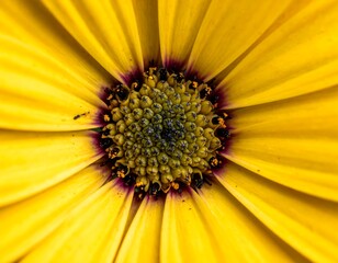 Close-up view of a vibrant yellow flower with a dark center. The petals are radiating outwards