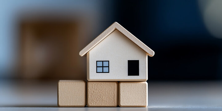 A miniature wooden house sits atop building blocks, symbolizing homeownership, construction, and a foundation. The structure suggests simplicity, security, and dream homes.