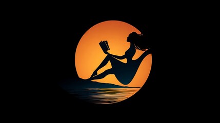 Woman Reading Book Silhouette Against Sunset Circle stock logo Photo