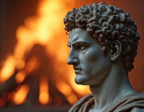 Illustration presents a sculpted portrait of Nero the Roman emperor. Background features blurred orange tones depicting fire. The artwork symbolizes tyranny and historical events in Rome.