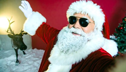 Papá Noel con gafas de sol saludando frente a un reno en ambiente festivo navideño