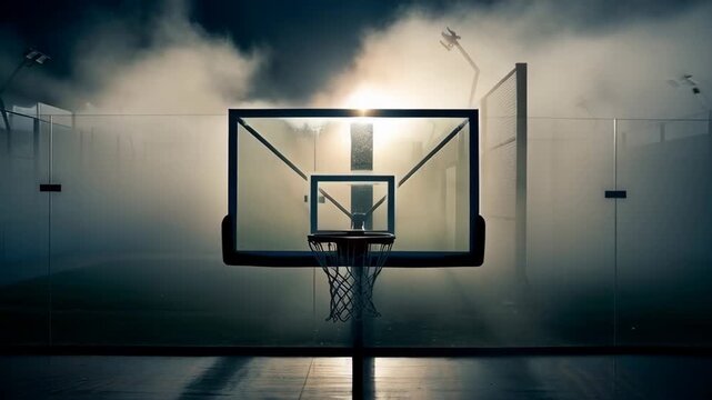 Moody Basketball Court: Fog, Light, and Empty Hoop