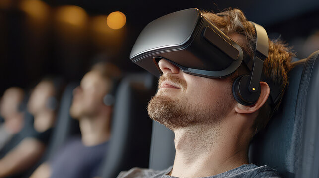 Person enjoying virtual reality experience in theater setting, wearing VR headset and headphones, immersed in digital content