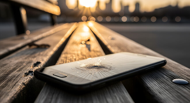 Cracked smartphone resting on wooden bench during sunset   - Powered by Adobe