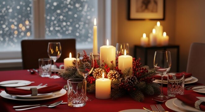 Elegantly set dining table featuring red cloth white pillar candles pine cone and berry centerpiece ready for festive seasonal dinner