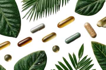Capsules with green foliage on black, top view