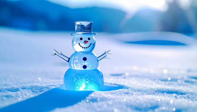 Transparent glass snowman standing on snow, glowing from within with blue light, surreal frosty atmosphere