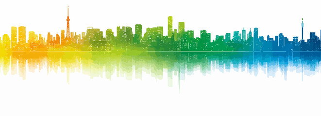 カラフルなグラデーションで描かれた都市のシルエットと水面の反射が美しい風景