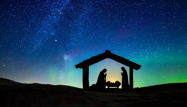 Bel&eacute;n bajo un cielo estrellado con la V&iacute;a L&aacute;ctea iluminando la escena del nacimiento de Jes&uacute;s en el desierto