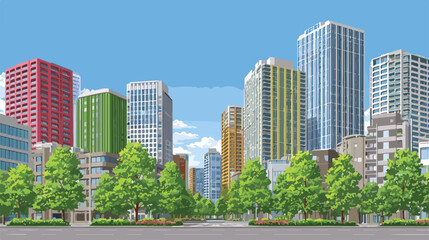 緑豊かな並木道が続く都会の街並み、高層ビル群がそびえ立つ風景