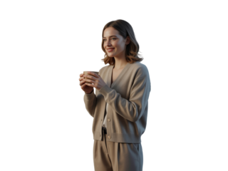Young woman with dark curly hair holding a mug and smiling in warm lighting transparent background