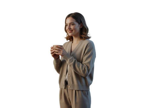 Young woman with dark curly hair holding a mug and smiling in warm lighting transparent background