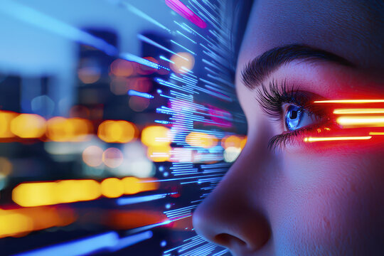 Close up of woman eye with digital light trails, representing technology and innovation, showcasing futuristic vision