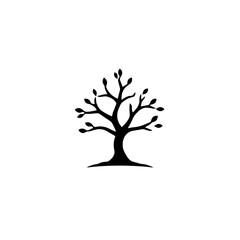 Simple black silhouette of a tree with leaves on a white background.