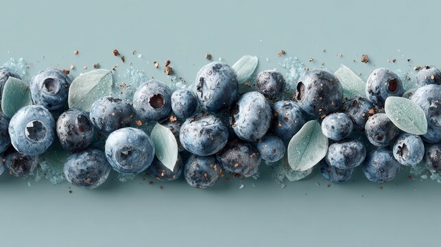 A close up overhead view of scattered fresh blueberries with sugar crystals and translucent mint leaves on a pale blue surface, suggesting a sweet, refreshing, and healthy treat.