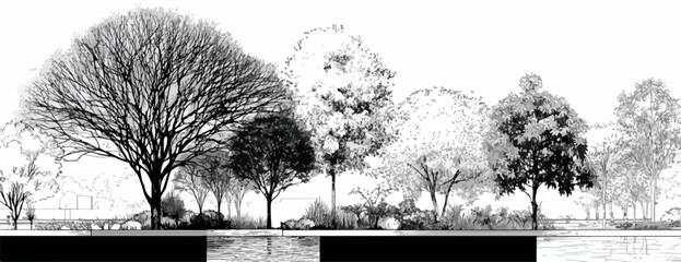 白黒の風景ベクターイラストは、自然の美しさをシンプルに表現し、デザインプロジェクトに静けさとエレガンスを加えます。