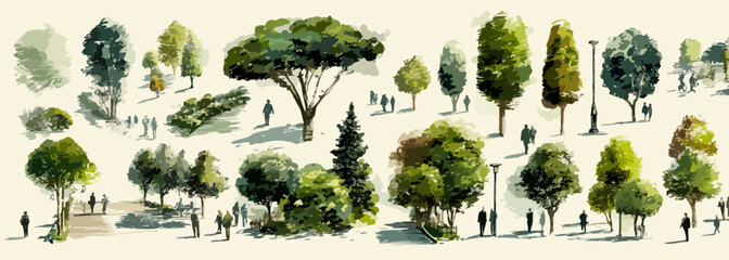 水彩タッチで描かれた様々な種類の樹木と人物のシルエットのベクターイラストで、公園や庭園のデザイン素材として活用できます。