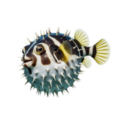 Closeup of a smiling striped pufferfish isolated on transparent background