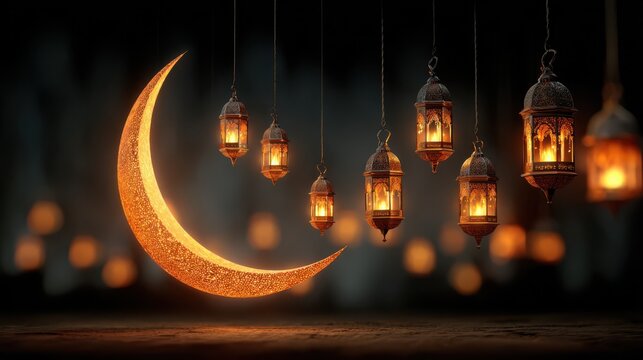 Glowing crescent moon and ornate lanterns illuminate a warm, inviting scene perfect for Ramadan celebrations