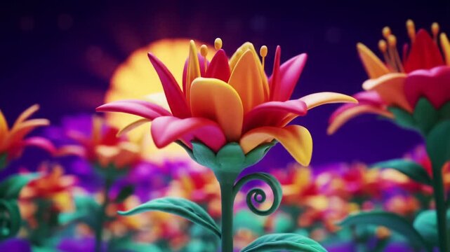 Vibrant, fast-paced retro psychedelic animation: highly stylized, pulsating flowers unfurl with iridescent glow, smooth dolly in to a hero bloom. Joyous dreamlike ambiance