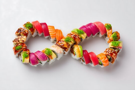 Infinity Sushi Roll Arrangement on White Background. Japanese Cuisine