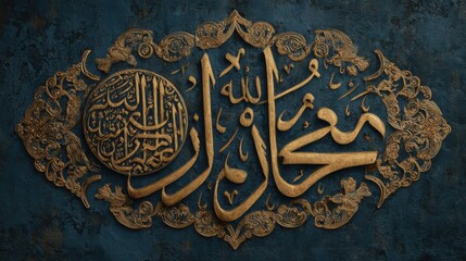Elegant gold Arabic calligraphy art on textured teal background, conveying spiritual messages and cultural heritage
