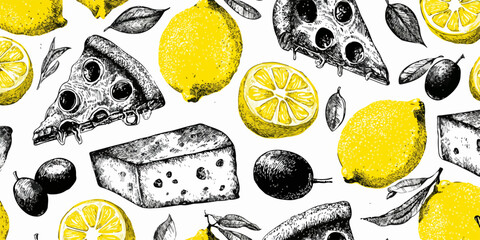 手描きのレモン、ピザ、チーズ、オリーブを組み合わせた、明るく楽しいベクターパターンは、食品関連のデザインに最適です。