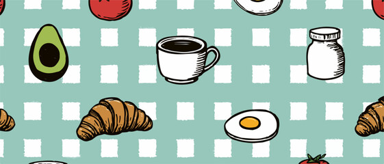 朝食の食材が手描き風のイラストで描かれた、可愛らしいパターン素材で、背景やテキスタイルデザインに最適です。