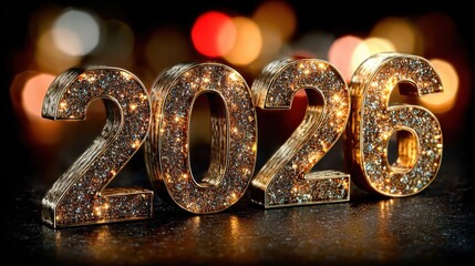 Sparkling golden 2026 New Year's Eve celebration with bokeh lights, perfect for festive events and promotions