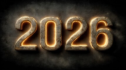 Stunning golden 2026 illuminated against textured dark background, perfect for New Year celebrations and commercial designs