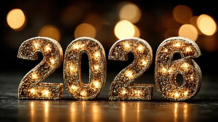 Glittering 2026 illuminated with festive lights, perfect for New Year celebrations, events, and business promotions