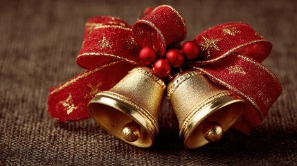 Elegant golden Christmas bells with festive red ribbon and berries, perfect for holiday greetings and seasonal promotions